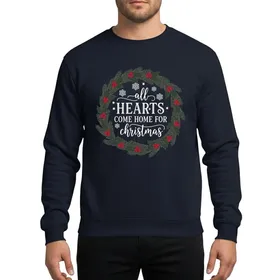 Holiday Family Lovers' Rustic White 'All Hearts Come Home' Script, Forest Green Holly Berry Christmas Wreath Sweatshirt