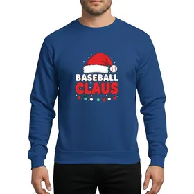 Baseball Fans & Festive Group Celebrators Vibrant Red Santa Hat Baseball Pom-pom, Bold White Baseball & Distressed Red Claus Typography, Red White Blue-Green Christmas Lights Sweatshirt