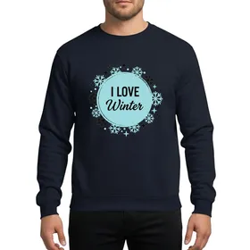 Winter Lovers' Light Blue Cyan Black Hand-Drawn 'I Love Winter' Circular Emblem Whimsical Snowflakes Stars Sweatshirt
