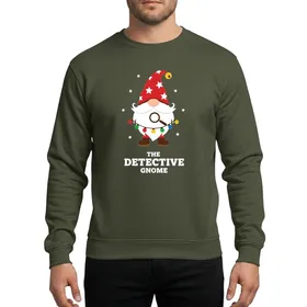 Family Holiday Enthusiasts' Whimsical Christmas Gnome Red Hat Yellow Bell Light String Magnifying Glass White Stars Sweatshirt