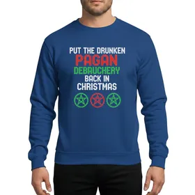 Holiday Party Goers Ugly Sweater Knit Pattern Black Graphic with White Bold Red Green Block Text and Pentagram Motifs Sweatshirt