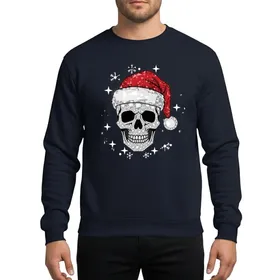 Edgy Holiday Fans' Faceted Skull with Santa Hat, Shimmering Silver & Ruby Red Rhinestone Style, White Snowflakes & Stars Sweatshirt