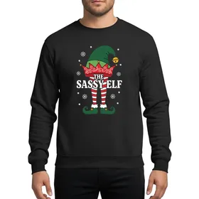 Family & Friends Whimsical Festive Elf Design with Forest Green Hat, Red Striped Legs & 'The Sassy Elf' Typography Sweatshirt