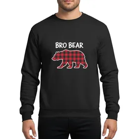 Brotherhood Enthusiasts' Bold Red Black Buffalo Plaid Stylized Walking Bear Silhouette Distressed White 'BRO BEAR' Script Sweatshirt