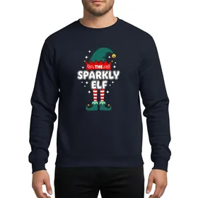 Holiday Gatherings' Whimsical Sparkly Elf Art with Dark Teal, Bright Red Stripes, Gold Bells Sweatshirt