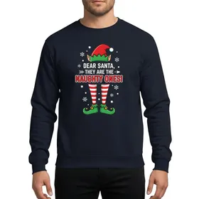 Holiday Fun Lovers' Humorous Red Green White Elf Hat Naughty Ones Striped Legs Cartoon Sweatshirt