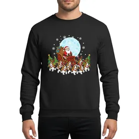Basset Hound Lovers' Whimsical Christmas Santa Sleigh Ride with Eight Tri-Color Basset Hounds, Snowflakes & Trees Sweatshirt