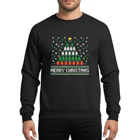 Christmas Enthusiasts' Pixel Art Ugly Christmas Sweater Tree with White Snowmen, Green Trees, Red Gifts, Yellow Star, and Merry Christmas Text Sweatshirt