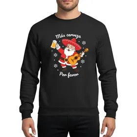 Holiday Celebration Fans' Cheerful Cartoon Santa Sombrero Beer Mug Guitar Más Cerveza Festive Red Golden Yellow Magenta Sweatshirt