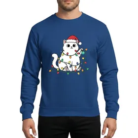 Cat Lovers' Whimsical White Cat in Red Santa Hat with Vivid Rainbow Christmas Lights Artwork Sweatshirt