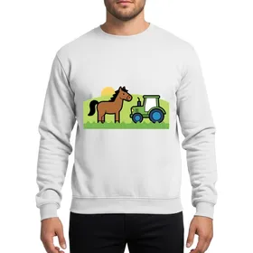 Kids' Whimsical Brown Horse Green Tractor Farm Scene Soft Yellow Sun Blue Sky Applique Style Sweatshirt
