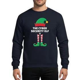 Holiday Tech Lovers' Whimsical Elf Hat Padlock Design, Candy Cane Striped Legs, Green Shoes, Yellow Bells & White Text Sweatshirt
