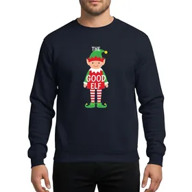 Christmas Group Cheerful Green & Red Cartoon Elf Design with Striped Socks and Whimsical 'THE GOOD ELF' Text Sweatshirt