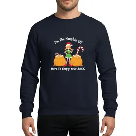 Holiday Humor Enthusiasts' Playful Blonde Elf, Green Dress, Golden Sacks, 'Naughty Elf' Text Sweatshirt