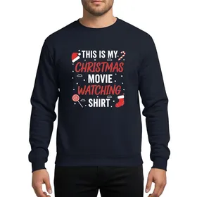 Holiday Movie Lovers' Whimsical Red White Christmas Movie Watching Script Typography Festive Santa Hat Candy Cane Stocking Lollipop Elements Sweatshirt