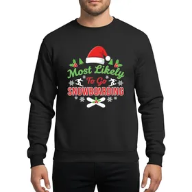 Snowboarding Fans' Illustrative Festive Winter Humor with Santa Hat Holly Snowflakes Bright Green Red Text Sweatshirt