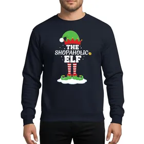 Festive Shopping Lovers' Vibrant Green Elf Hat 'Shopaholic Elf' Text Red Striped Socks Gold Jingle Bells Snowy Accents Sweatshirt