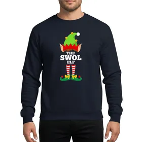 Holiday Party-Goers' Humorous Swol Elf Graphic: Lime Green Hat, Red Striped Socks, Gold Bells & Yellow Bows Sweatshirt