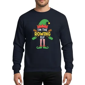 Holiday Enthusiasts Whimsical Elf Rowing Design, Green Hat, Bold Yellow Text, Striped Red Stockings, Golden Bells Sweatshirt