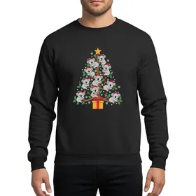 Family Holiday Fans' Playful Gray Koala Christmas Tree Red Santa Hats Green Leaves Multi-Color Lights Orange Star Sweatshirt