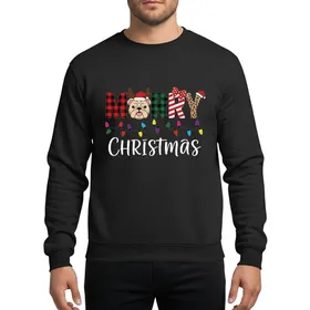 Holiday Dog Lovers' Merry Christmas Bulldog Red Buffalo Plaid Candy Cane Leopard Lights Sweatshirt