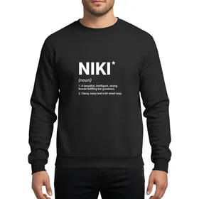 Women's Minimalist Bold White Niki Name Dictionary Definition with Star Accent on Green Sweatshirt