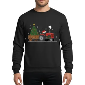 Christmas Enthusiasts' Vibrant Red Tractor Holiday Tree Rustic Art with Santa Hat, Gold Star & Snowflakes Sweatshirt