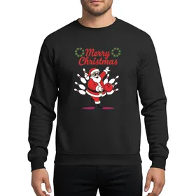 Christmas Celebrators & Bowling Enthusiasts Vibrant Bowling Santa with Red Ball, White Pins, Green Holly, and Festive Merry Christmas Script Sweatshirt