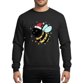 Bee Lovers' Festive Whimsical Golden Yellow Black Striped Bee Santa Hat Holiday Lights Design Sweatshirt