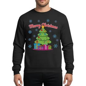 Holiday Enthusiasts' Vibrant Cartoon Christmas Tree, Red Blue Gold Ornaments, Festive Gifts & Merry Christmas Text Sweatshirt