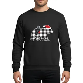 Holiday Lovers' Black White Buffalo Plaid Bear Red Santa Hat Green Evergreen Berry Rustic Design Sweatshirt