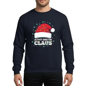 Holiday Activity Organizers' Festive Red Santa Hat, White ACTIVITY DIRECTOR CLAUS Text, Colorful Lights, Blue Snowflakes Sweatshirt