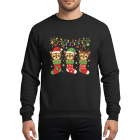 Yorkie Lovers' Whimsical Cartoon Yorkshire Terrier Puppies in Festive Red Christmas Stockings with Holiday Hats, Lights & Ornaments Sweatshirt