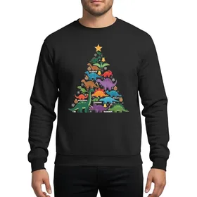 Men's Paleontologist Whimsical Dinosaur Tree Flat Art Gold Star Red Green Festive Ornaments Sweatshirt