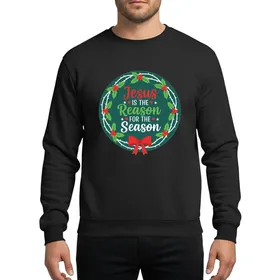 Festive Celebrants' Red Jesus Script, Green Holly Wreath & White Thorn Branches Design Sweatshirt