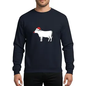 Farm Animal Lovers' Minimalist White Cow Silhouette Red Santa Hat Christmas Graphic Sweatshirt