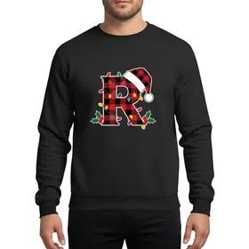 Festive Initial Lovers Red Black Buffalo Plaid Letter R Christmas Santa Hat & Draped Lights Holly Sweatshirt