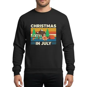 Christmas in July Lovers' Retro Santa Camping Scene with Hawaiian Shirt, Teal Camper, Fire, Yellow Orange Sky Sweatshirt