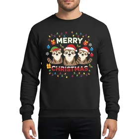 Family Christmas Fun' Whimsical Cartoon Coati Design with Santa Hats, MERRY CHRISTMAS Text & Festive Accents Sweatshirt