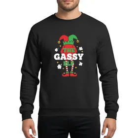 Playful Christmas Revelers Comical Red Green Elf Legs Gassy Gas Cloud Puffs Striped Jester Hat Artwork Sweatshirt