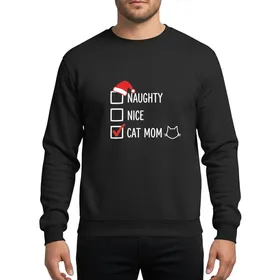 Cat Moms' Red White Hand-Drawn Naughty Nice Crazy Cat Mom Checkbox List Santa Hat Cat Outline Sweatshirt