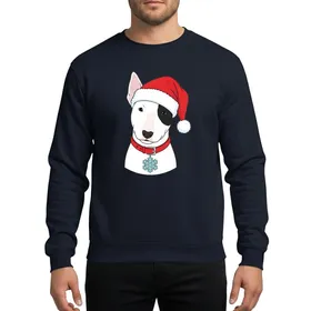 Christmas Dog Lovers' White English Bull Terrier Puppy Black Eye Patch Red Santa Hat Blue Snowflake Graphic Sweatshirt