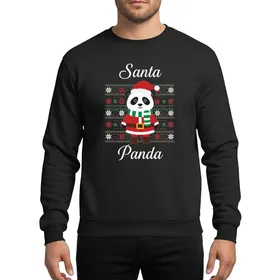 Christmas Enthusiasts' Whimsical Cartoon Santa Panda Red Green White Snowflake Ugly Sweater Panel Sweatshirt