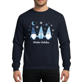 Winter Solstice Enthusiasts' Whimsical Three Gnomes Holding Hands Navy Sky Icy Blue Snowflake Hat Crescent Moon Art Sweatshirt