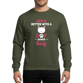 Cat Parents' Hot Pink White Minimalist Cat Head & Paw Print Graphic with Life Is Better With A Cat Named Lucy Typography Sweatshirt