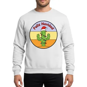 Christmas Lovers' Whimsical Circular Vibrant Green Saguaro Cactus, Red Santa Hat, Multi-Color Lights, Feliz Navidad Sweatshirt