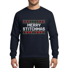 Crafters' Chunky White 'MERRY STITCHMAS' Cross-Stitch Text, Golden Red Snowflake Green Tree Heart Star Borders Sweatshirt