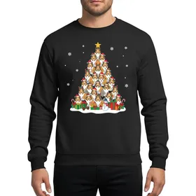 Collie Dog Lovers' Whimsical Christmas Tree with Santa Hats, Elf Hats, & Colorful Lights on Black Sweatshirt