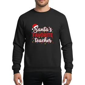 Teachers' Festive Red Script "Santa's FAVORITE Teacher" with Whimsical Santa Hat & Vibrant Christmas Lights Typographic Art Sweatshirt