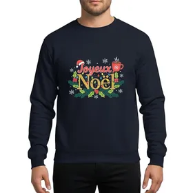 Holiday Enthusiasts' Whimsical Joyeux Noël Santa Hat, Gold Script, Vibrant Lights, Holly Berries & Hot Chocolate Mug Illustration Sweatshirt